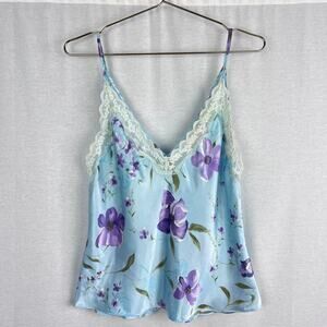 Vintage 90s Cami Top Blue Floral Lace Trim Satin Fairy Romantic Whimsy Delicate